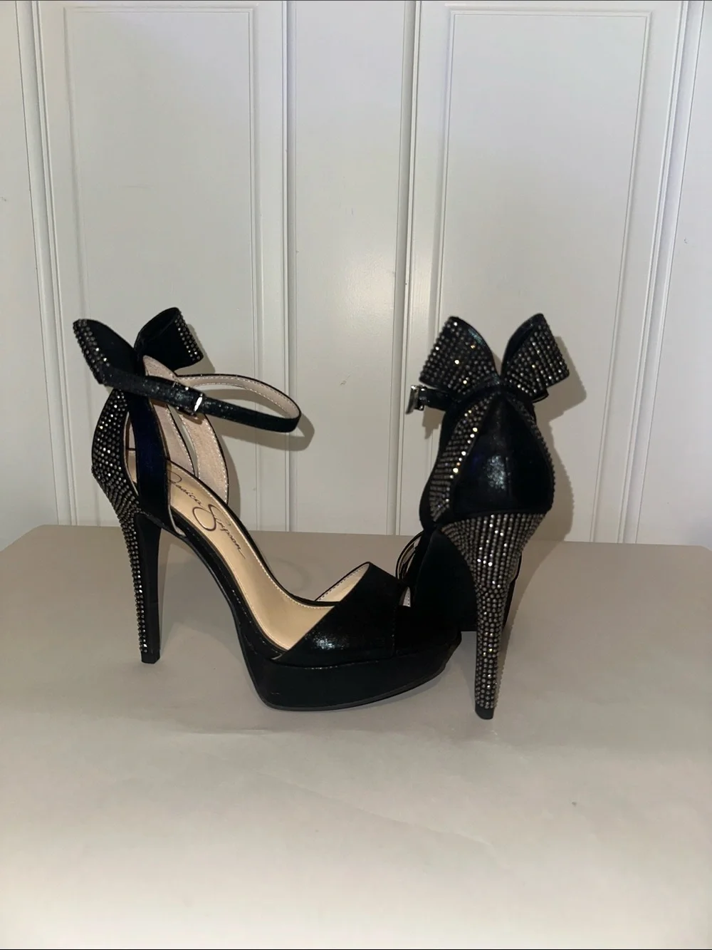 Black Embellished Bow Platform Heels - Women